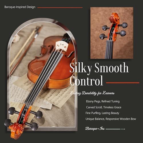 Image of AKLOT Handcrafted Full Size Violin: Solid Wood Glossy Fiddle, Acoustic Beginner 4 /4 Violin Kit with Hard Case, Lesson Book, Bow, Shoulder Rest, Extra Strings, Tuner, Fretboard Stickers (VRT-AmiOB)