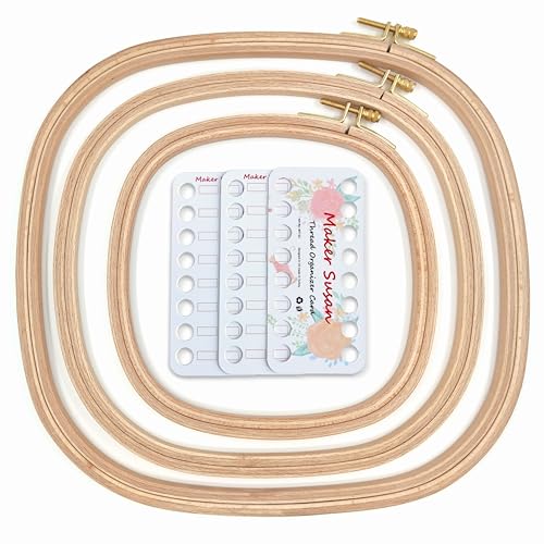 Image of Maker Susan 3 Pcs Beech Wood Square Embroidery Hoop Set, Premium Quality Cross Stitch Hoop and Frame, Punch Needle Hoop with Embroidery Thread-Floss Organizer Cards for Embroidery (3 Sizes Set)