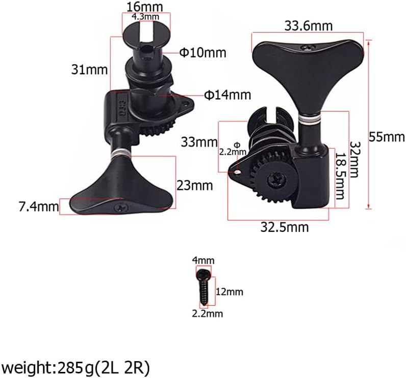 Bass Machine Head 2R2L 1:24 Ratio Open Gear Tuners Tuning Key Pegs Replacement for Electric Jazz Guitar Bass or Precision Instruments - black