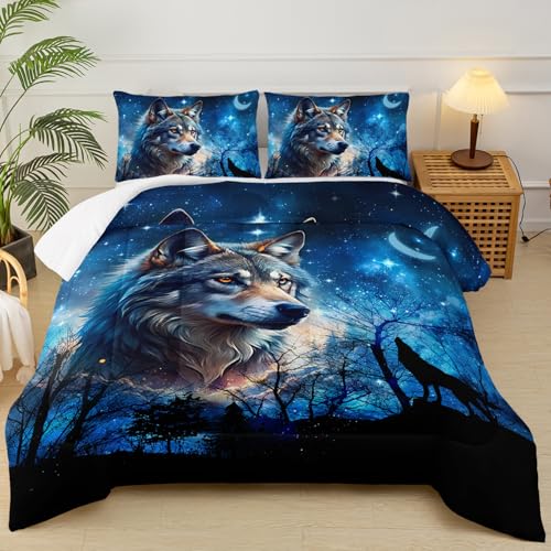 Image of Wolf Comforter Set King for Boys Girls,Wolf Night Moon Galaxy Bed Set,Woodland Wild Animals Theme Comforter Set with 2 Pillowcase,Rustic Blue Black Bedding Set for Bedroom Decor