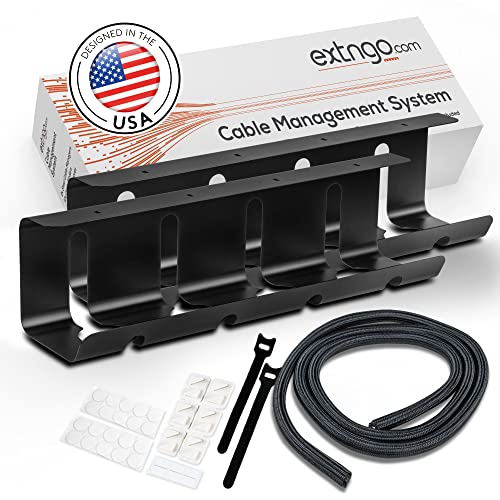 EXTNGO – Under Desk Cable Management Tray [2 Pieces] – Carbon Steel Desk Wire Organizer [16x4x4 in] – No Drilling Wire Management Under Desk with Glue Dots – Elegant Underdesk Tray
