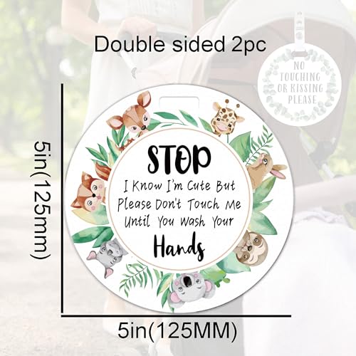 Image of 2 Pack Animals Do Not Touch Signs Stroller Tag Greenery No Touching Car Seat Signs Watercolour Stop Touching Safety Sign Wash Your Hands Carseat Tags for Carriage Stroller Backpacks