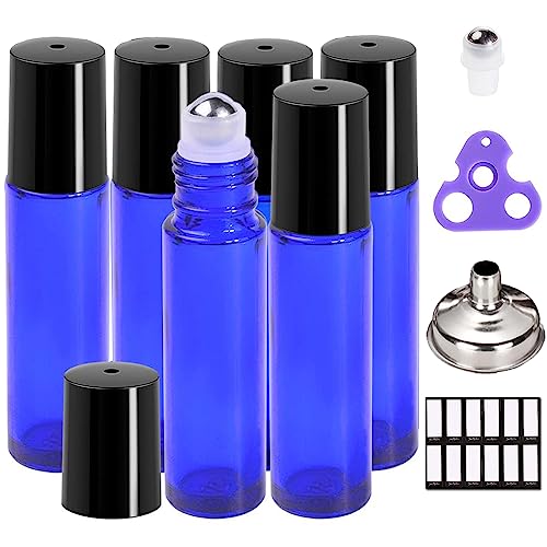 PrettyCare Roller Bottles For Oils 10 ml (Blue Glass, 6 Pack, 1 Extra Stainless Steel Balls, 12 Labels, 1 Opener, 1 Funnels Essential Oil Roller Bottles, Roller on Bottles