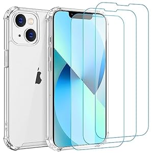 Whioltl Hoesje voor iPhone 13 + 3 screenprotectors van gehard glas, Anti-Vergeling Schokabsorptie Bumper Case, TPU Transparant Anti-kras Beschermhoes Case Cover met Versterkte Hoekbumpers