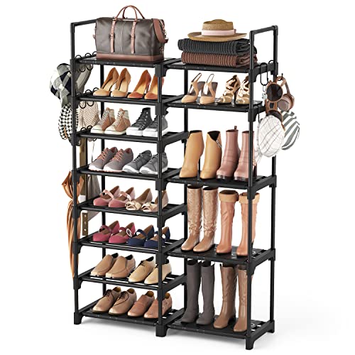 Rojasop Shoe Rack Organizer, 8-Tier Metal Shoe Rack For Closet Entryway Garage, 26-32 Pairs Tall Shoe Boot Storage Shelf With 15 Hooks, Stackable Large Shoe Stand #TOP7