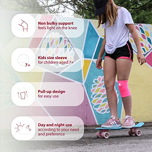 Image of KARM Kids Knee Brace Sleeve - Youth Knee Compression Sleeve for Kids, Child - Support for Pain, Sports, Football, Basketball, Gymnastics, Recovery, Boys & Girls (Neon Pink)