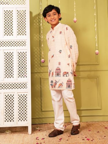 Image of AJ DEZINES Kurta Pajama For Kids Boys | Cotton Printed Chikankari White Kurta Pyjama Set For Boys | Traditional & Festive Outfit | Party & Ethnic Wear | Stylish Kids Kurta Set - Twister-1309-CREAM-10