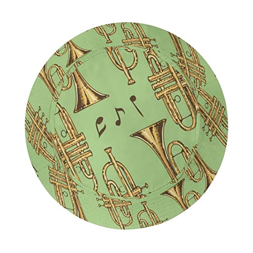 Amrandom Men Women Bucket Hat, Golden Trumpets Trombones Notes Pattern Green, Summer Wide Brim Sun Hat Gift, Stylish Travel Hat Funny Outdoor Cap #TOP2