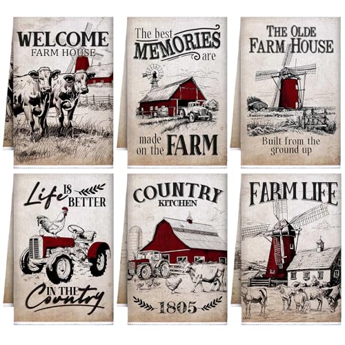 Geyoga 6 Pieces Farm Barn Kitchen Towels Cow Dish Towels Farmhouse Animal Tea Washcloth for Spring Summer Kitchen Bathroom Home Decor16 x 24 Inch Vintage Red