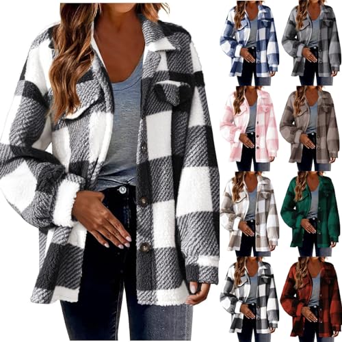 Sherpa Jacket for Women 2024 Winter Fuzzy Plaid Shacket Button Down Lapel Fleece Jacket Soft Warm Teddy Coat Outwear4