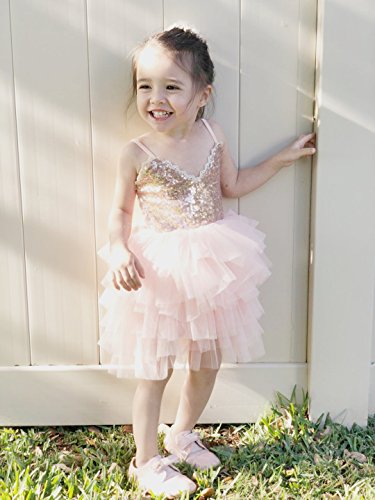 Cilucu Girls Dress Toddler Kids Party Dress Sequin Tutu Pageant Lace Dresses Gown for Flower Girl Baby Rose Gold/Pink Peach2