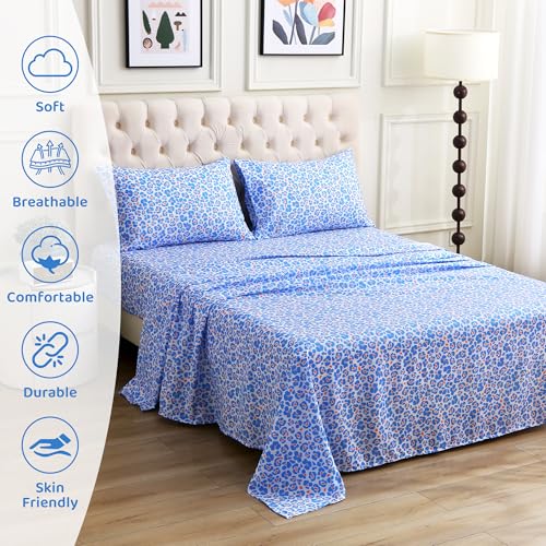 Image of Mooreeke Leopard Cheetah Printed Full Bed Sheets, Soft Microfiber Bedding Sheets & Pillowcases, Deep Pocket Non-Slip Fitted Full Sheet, Blue Animal Pattern Bedsheets