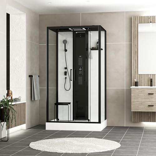 Cabine de douche rectangle 115x90x218 cm - Fonction HAMMAM, Jets Hydromassants, Led et Bluetooth