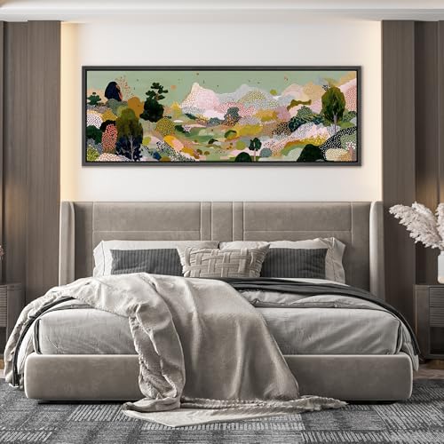 Image of MUDECOR Large Framed Canvas Print Wall Art Colorful Abstract Landscape with Trees Contemporary Antique Retro Ready to Hang Painting for Living Room Bedroom Multi-Sizes - 60 inchx20 inch