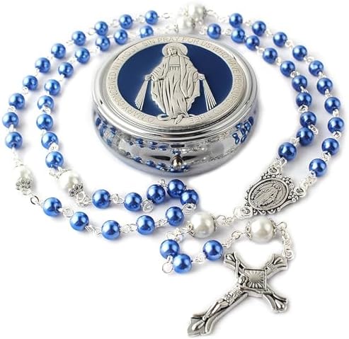HanlinCC 6mm Glass Pearl Beads with 8mm Our Father Beads with Caps Rosary Pack in Miraculous Metal Gift Box