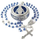 HanlinCC 6mm Glass Pearl Beads with 8mm Our Father Beads with Caps Rosary Necklace Pack in Miraculous Metal Gift Box (Blue Rosary with Miraculous Gift Box)