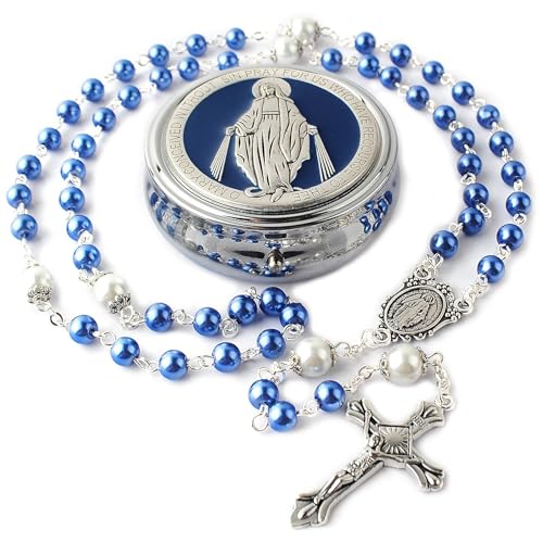 HanlinCC 6mm Glass Pearl Beads with 8mm Our Father Beads with Caps Rosary Necklace Pack in Miraculous Metal Gift Box (Blue Rosary with Miraculous Gift Box)