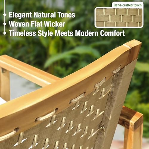 Melino Wood Wicker Dining Chairs Set of 2 – Acacia Armchairs with Cushions – Boho Modern Indoor Outdoor Style – Solid Wood Frame - Image 3
