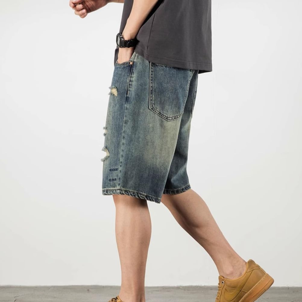 Baggy Jean Shorts Men Ripped Straight Leg Loose Fit Summer Vintage Wash Denim Shorts