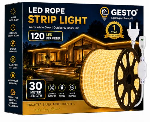 Image of Gesto 30 Meter Warm White LED Rope Strip Light | 120 LEDs /Mtr IP65 Waterproof Indoor & Outdoor Lights for Balcony, Home Decor & Cove Light for False Ceiling | Cuttable Every 1M for Diwali Decoration