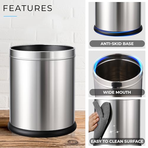Image of Robustt Stainless Steel Open Top Dustbin - 6L | 8.2Inch (W) x 11.3Inch (H) Silver Trash Can with Anti-skid Base | For Bathroom, Bedroom, Kitchen & Toilet or Commericial Use - Pack of 1