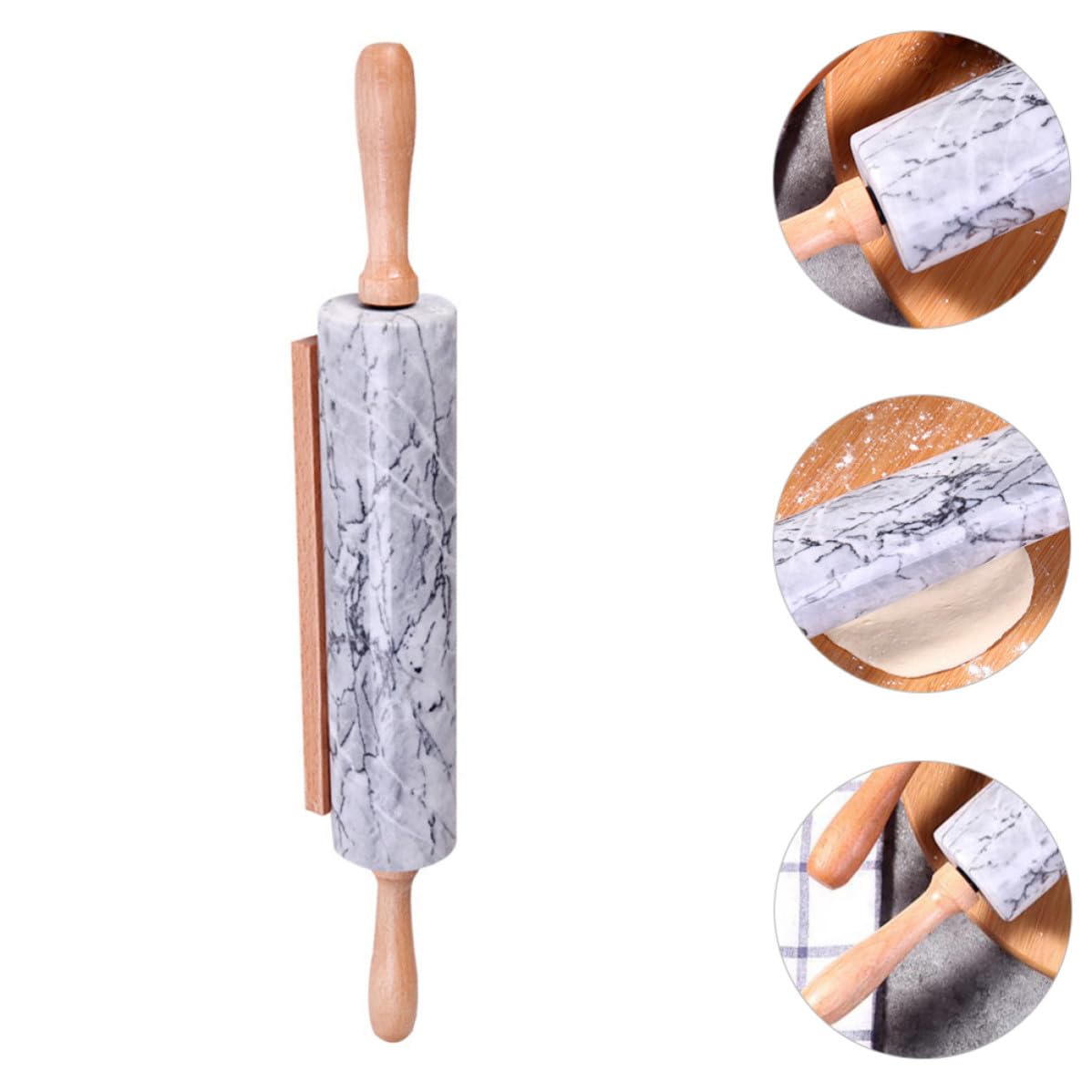 jojofuny Rodillo de Amasar de Mármol Mango de Madera, Multiusos y Práctico para Cocina y Repostería, Diseño Simple y Elegante