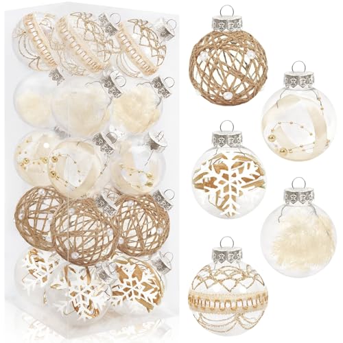 Korlon Tec 20 Pack Farmhouse Christmas Ornaments, 70mm/2.76" Rustic Christmas Ball Ornaments, Large Clear Plastic Neutral Boho Tree Decorations for Xmas Garland Wreath Holiday Home Wedding Party Decor