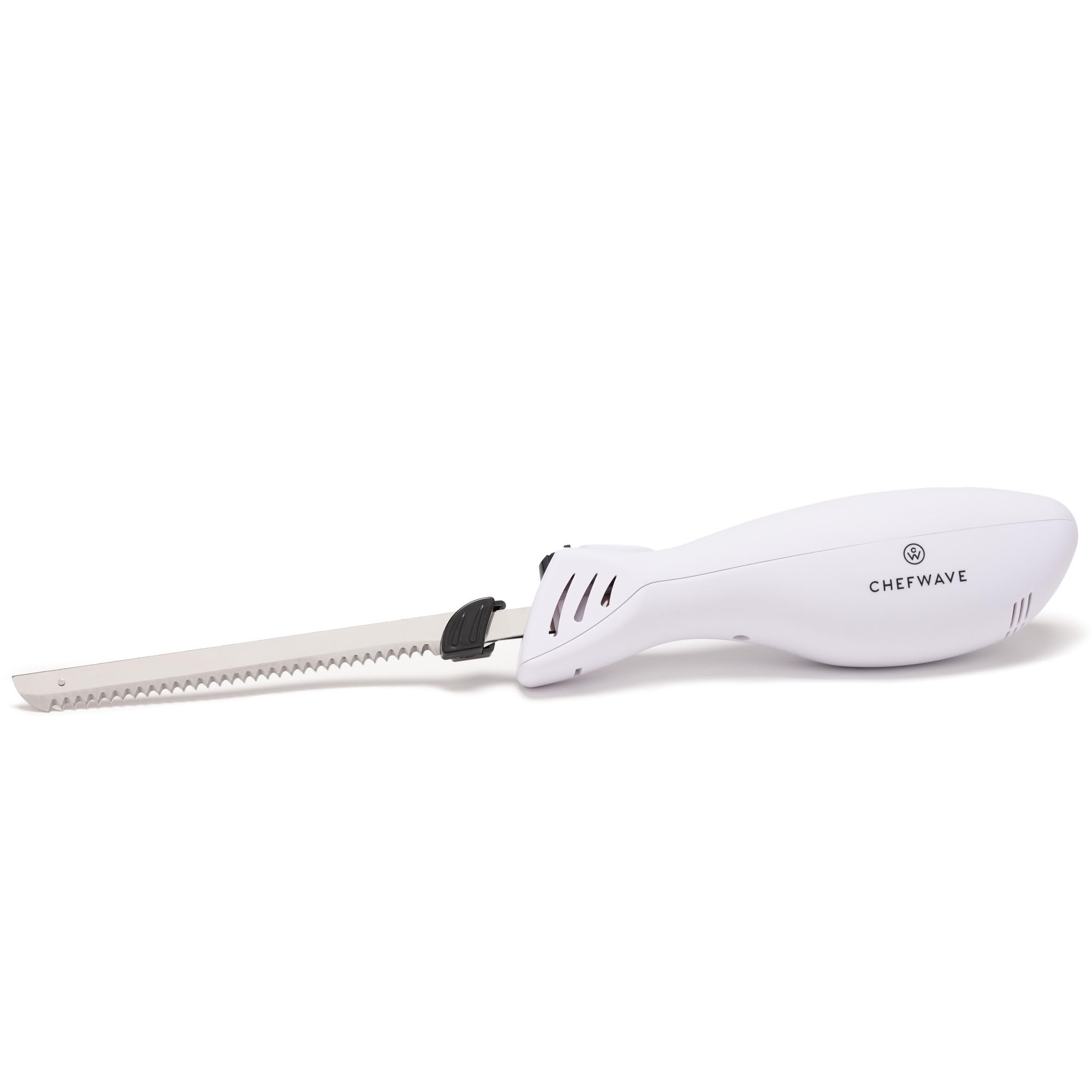 ChefWave Cordless Rechargeable Electric Knife with 2 Serrated Blades and Safety Lock Trigger Release (White)