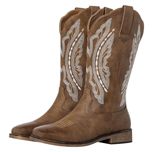Image of SheSole Women's Wide Calf Cowboy Boots Square Toe Plus Size Cowgirl Boots Western Style Comfortable Low Heel