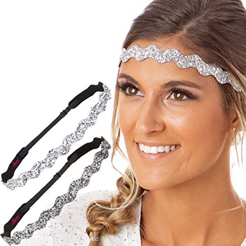 Hipsy Adjustable Non Slip Gunmetal Cute Fashion Bling Glitter Hair Headbands for Women Girls & Teens (Wave Gunmetal & Silver 2pk)