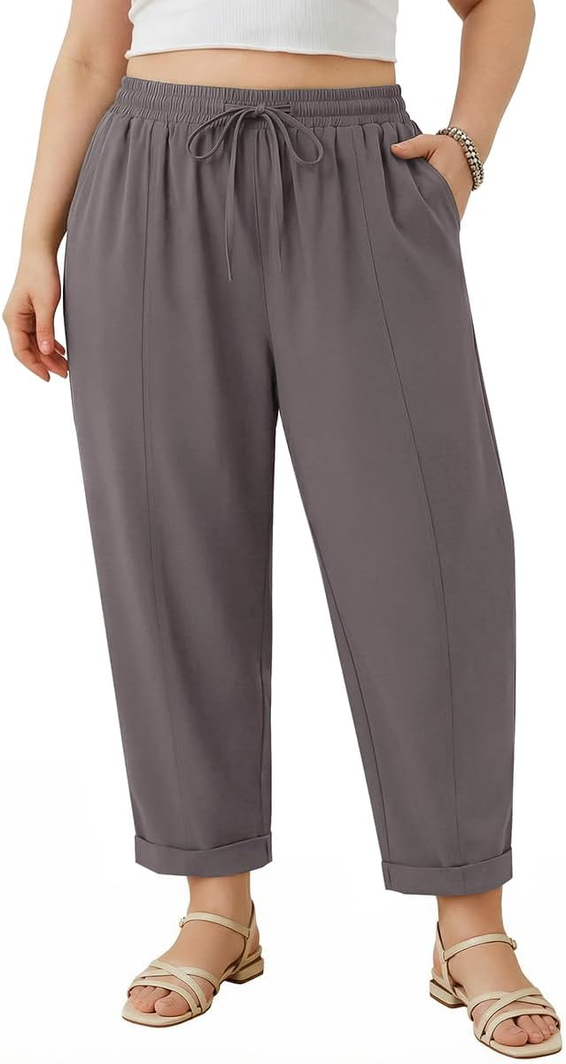 CARCOS Plus Size Pants for Women Summer Palazzo Harem Pants Drawstring Lantern Beach Ankle Pant Wide Leg Lounge Trousers