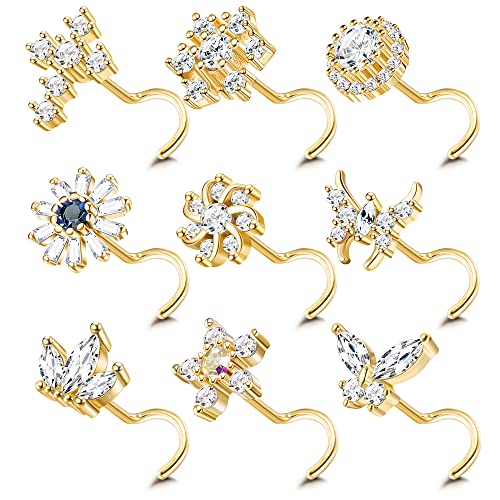 Ubjuliwa 9Pcs 20G Stainless Steel Nose Rings and Studs - L Shape Bone Screw for Women Men - Cubic Zirconia Moon Star Flower Butterfly Piercing Jewelry