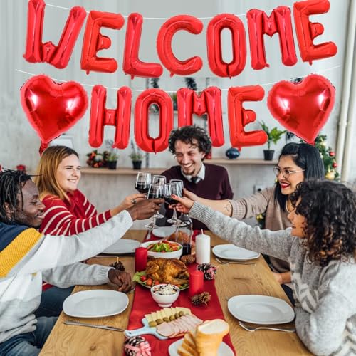 Image of TONIFUL 16 Inch Red WELCOME HOME Foil Balloons Banner Letter Decorations
