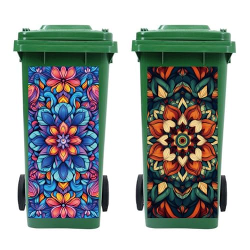 Image of Peacoblue Wheelie Bin Stickers 2 Sheets Mandala Pattern Floral Sticky Dustbin Stickers Decals, 15 inch x 32 inch Waterproof Large Wraps for Trash Cans Bins Fridges Door Wall Garden Outdoor Indoor Patio Decor