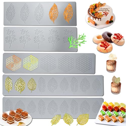 5PCS Leaf Molds Silicone,Acxydm Tuile Molds Silicone Baking Mold,Fondant Chocolate Molds Set with Silicone Leaf Mold and 3D Beehive Candy Lace Silicone Molds for Making Sugar Craft,Cupcakes