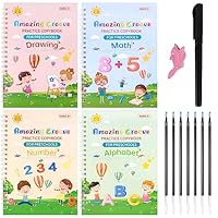 Larcenciel 4pcs Magic Practice Copybook w/Pen for Kids, Reusable Letter Number Writing Book Calligraphy Tracing Workbook, Groove Writing Exercise Book for Preschoolers, 19x13cm