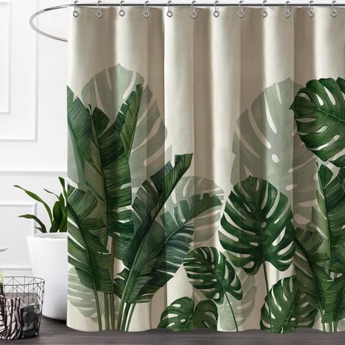 Baccessor Linen Shower Curtain Tropical Green Leaf Shower Curtains Botanical Banana Monstera Leaf...