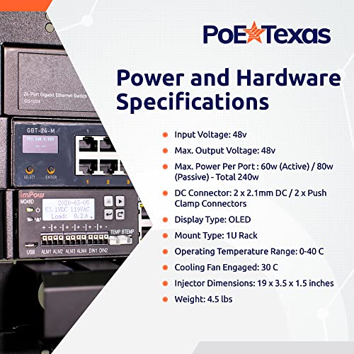 PoE Texas - Inyector PoE Gestionado 24 Puertos 802.3bt - Adaptador Gigabit Power Over Ethernet con 48 Voltios, 240 Vatios - 80 Vatios por Puerto para Iluminación Inteligente, Cámaras PTZ y NDI miniatura 4