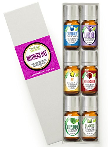 Healing Solutions Mothers Day Set 100% Pure, Best Therapeutic Grade Essential Oil Kit - 6/10Ml (Calm Body/Calm Mind Blend, Lavender, Joy Blend, Peppermint, Relaxation Blend, And Rose Geranium) #TOP4
