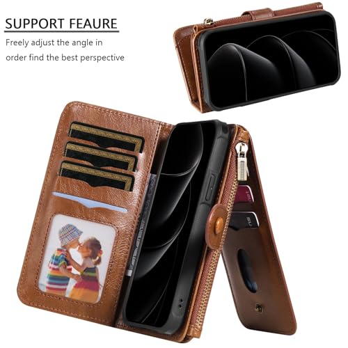 Étui portefeuille iPhone 14 Pro Max cuir marron housse rabat fente cartes fermeture éclair