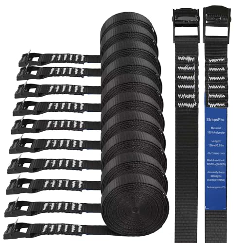 Lashing Straps, 12ft x 1 Inch Wide Cinch Strap with Buckles Adjustable Cam Straps, 1763lbs Heavy Duty Quick Pull Release Utility Nylon Black Cargo Tie Down Straps for Kayak Trucks Trailer Box, 12 Pack