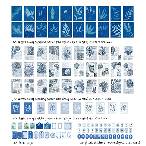 Molneso 280Pcs Vintage Blue Botanical Scrapbooking Paper And Stickers Minimalist Flower Plants Art Stickers For Journaling Junk Journals Old Floral Newspaper Scrapbook Paper Kit Nature Ephemera #TOP2