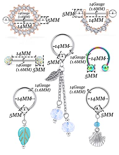 Vsnnsns 12 Pairs 14G Nipple Piercing Jewelry Surgical Steel Cubic Zirconia Nipple Rings Skull Nipple Piercing Jewelry for Women Men 14 Gauge Silver Black Rainbow Rose Gold2