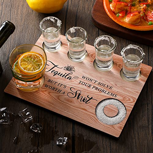Chengu Tequila Shot Board Tequila Gifts Shot Glasses Holder Flight Board Wooden with Salt Rim Bartender Gifts for Liquor Bar Housewarming Party Restaurant