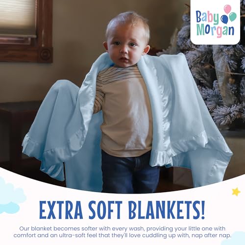 Image of Blankets Thermal Waffle Baby Blanket Crib Bedding - Soft Cozy Warm Infant Thermal Cover for Nursery Stroller or Bassinet, Lightweight Ideal Shower Gift, Satin Trim Blue 36 inch x 50 inch