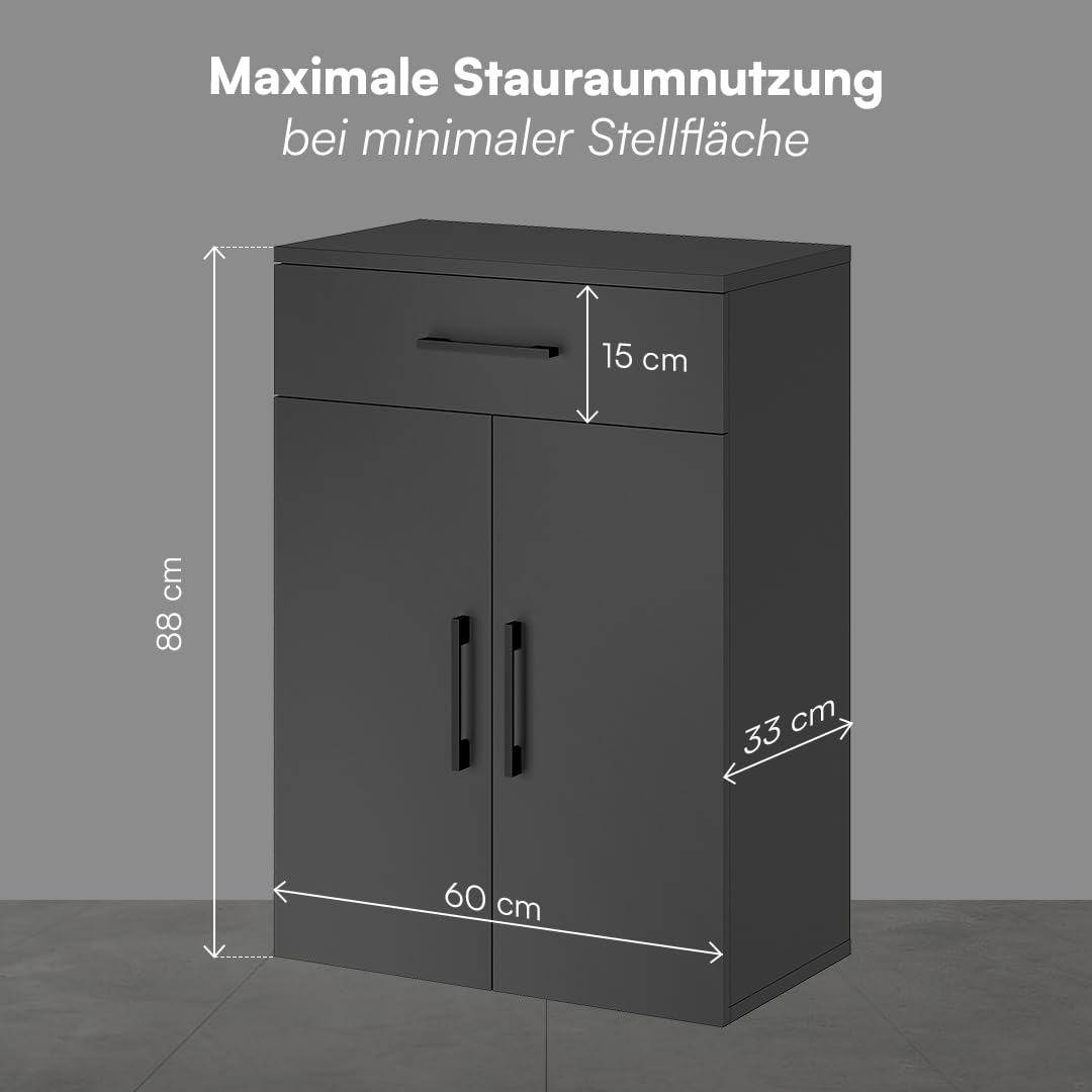 Bellamio Apol Mehrzweckschrank schwarz – Büroschrank 60cm breit – Aktenschrank Holz mit 1 Schublade 2 Fächer – kleines Bücherregal für Flur/Büro/Wohnzimmer – Aufbewahrungsschrank 88cm hoch