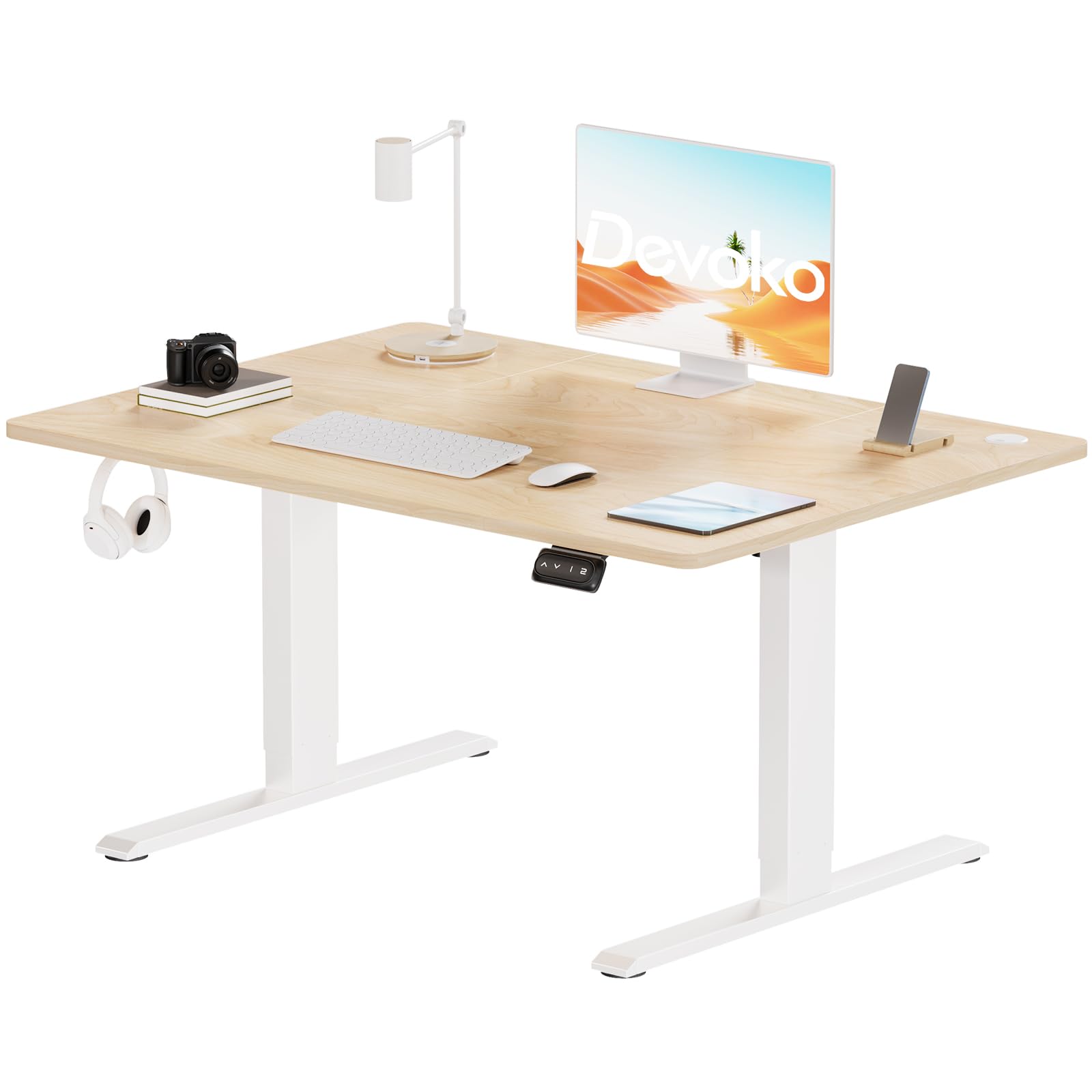 Devoko 120x60cm Height Adjustable Standing Desk Heavy-Duty Steel Frame Maximum Load Capacity 60kg with Anti-Collision Design and Backpack Hooks Quiet Motor <50dB for Home Office,Oak