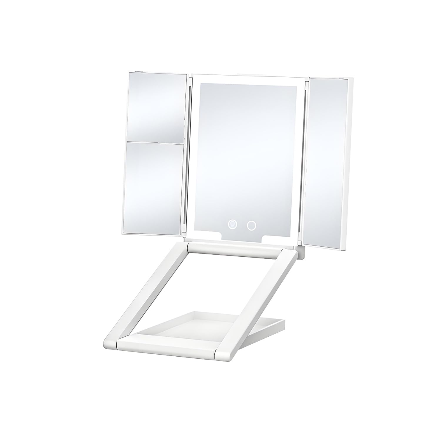 QUMOX Espejo de Maquillaje LED con Luz, Espejo de Mesa Plegable de 3 Paneles, Aumento 3X y 5X, 3 Colores de Luz, Brillo Regulable, Control Táctil, Recargable USB-C, Blanco
