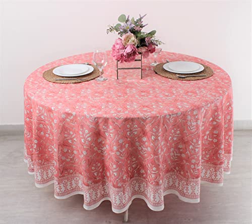 Ridhi Tablecloth 100% Cotton, Washable Table Cloths With Indian Hand Block Print For Kitchen Dining Tabletop Decoration, Picnic, Events, Parties, Weddings, Sweet Pink And White, 90 Inch Round #TOP1