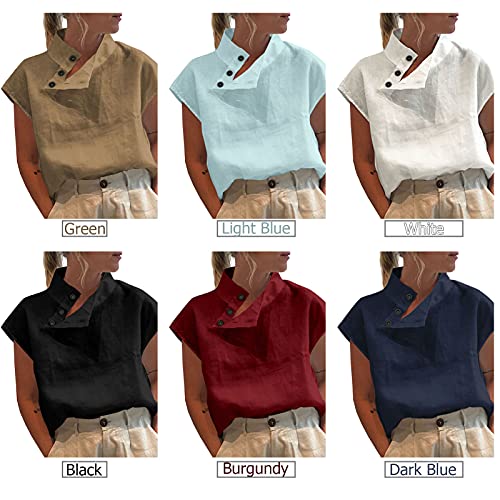 Domary Blusa feminina de algodão com gola abotoada lateral manga curta plus size moda casual túnica